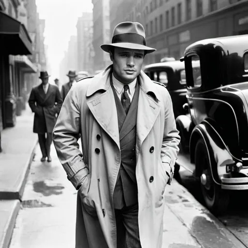 Prompt: marlon brando is weiring a trench coat and a fedora while walking in the streets of a 1930 city