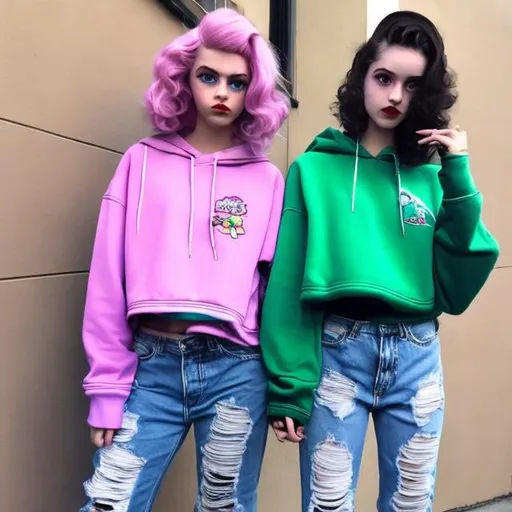 Prompt: Prompt:

create two 3d hyper realistic human like betty boop gorgeous best friends, they both have long tousled hair, one friends hair is raven the other friend has red hair, the raven hair colored friend has bright blue eyes, the red hair colored friend has emerald green eyes, they are both wearing matching cropped hoodies, distressed jeans, and adidas shoes, in the color pink, their makeup is flawless, with glossy pink lips and fingernails, they are holding hands and smiling