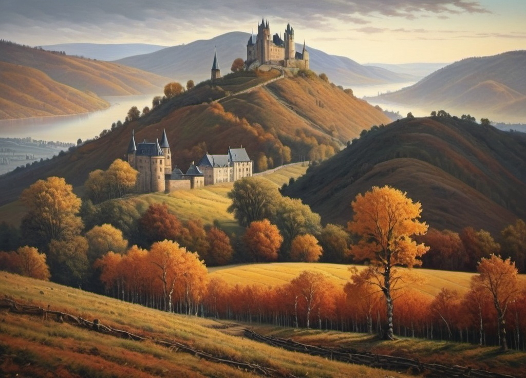 Prompt: Create an autumn Moselle Valley Rhineland landscape with a castle on top of a distant hill framed by birch trees in the romantic style of Caspar David Friedrich