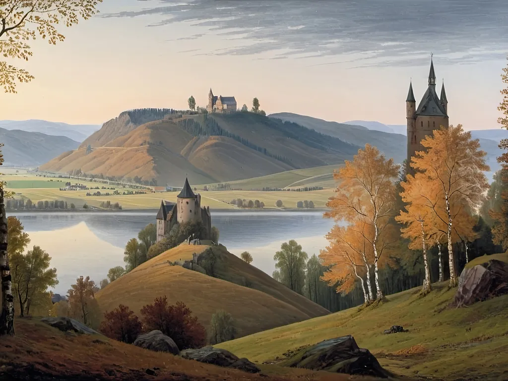 Prompt: Create an autumn Moselle Valley Rhineland landscape with a castle on top of a distant hill framed by birch trees in the romantic style of Caspar David Friedrich