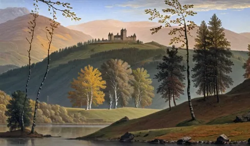 Prompt: Create an autumn Moselle Valley Rhineland landscape with a castle on top of a distant hill framed by birch trees in the romantic style of Caspar David Friedrich