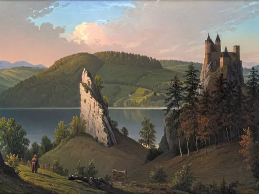 Prompt: Create an autumn Moselle Valley Rhineland landscape with a castle on top of a distant hill framed by birch trees in the romantic style of Caspar David Friedrich