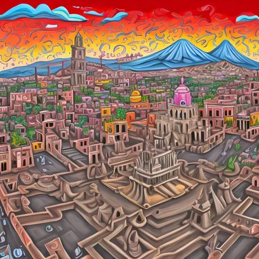 Prompt: in surrealist style, illustrate the central zocalo in Guanajuato City. 