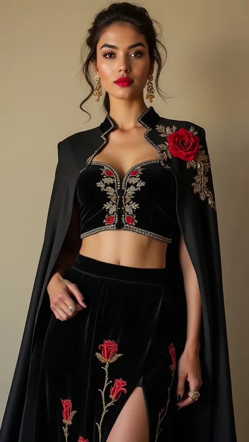 Prompt: Draped in an elegant black ensemble that blends traditional and contemporary styles, the subject exudes confidence and charm. A fitted, embellished velvet crop top pairs beautifully with a flowing skirt adorned with intricate rose embroidery, showcasing an artistic flair. The striking cape, detailed with golden embroidery and a pop of red from a rose appliqué on the shoulder, adds drama to her look. Her makeup is radiant, featuring bold red lips and soft, highlighted cheeks, while statement gold earrings accentuate her graceful features. Set against a subtle beige backdrop, the composition highlights her poised demeanor, capturing the essence of sophisticated fashion.