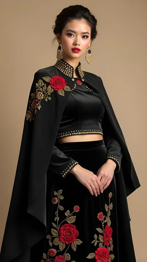Prompt: Draped in an elegant black ensemble that blends traditional and contemporary styles, the subject exudes confidence and charm. A fitted, embellished velvet crop top pairs beautifully with a flowing skirt adorned with intricate rose embroidery, showcasing an artistic flair. The striking cape, detailed with golden embroidery and a pop of red from a rose appliqué on the shoulder, adds drama to her look. Her makeup is radiant, featuring bold red lips and soft, highlighted cheeks, while statement gold earrings accentuate her graceful features. Set against a subtle beige backdrop, the composition highlights her poised demeanor, capturing the essence of sophisticated fashion.