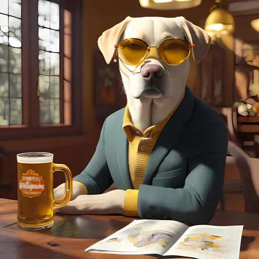 Prompt: a portait picture of a yellow lab wearing a sport coat and a sunglasses near a table with a mug of Oktoberfest Beer, concept art, octane render, unreal engine 5, 4K, symmetrical, low contrast, serene landscape, calm, relaxing, high quality, highly detailed, high coherence, path tracing, natural light.
