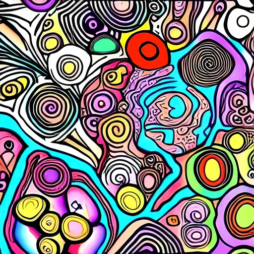 Prompt: Trippy illustration of eyes, mushrooms, circles in various electrifying colors.
