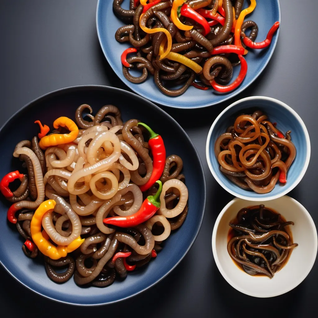 Prompt: Image of 2 dishes including Worms stir-fried with onions and bell peppers, with boiled leeches