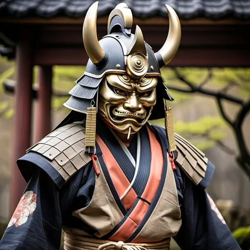 Prompt: Ancient Japanese masked warrior man