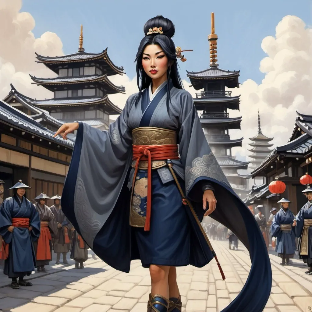 Prompt: Beautiful Kris Statlander dressed as a Japanese warrior woman courtier, standing in medieval japanse city full of people, cartoony style, dark grey and navy blue clothing, extremely detailed painting by Greg Rutkowski and by Henry Justice Ford and by Steve Henderson