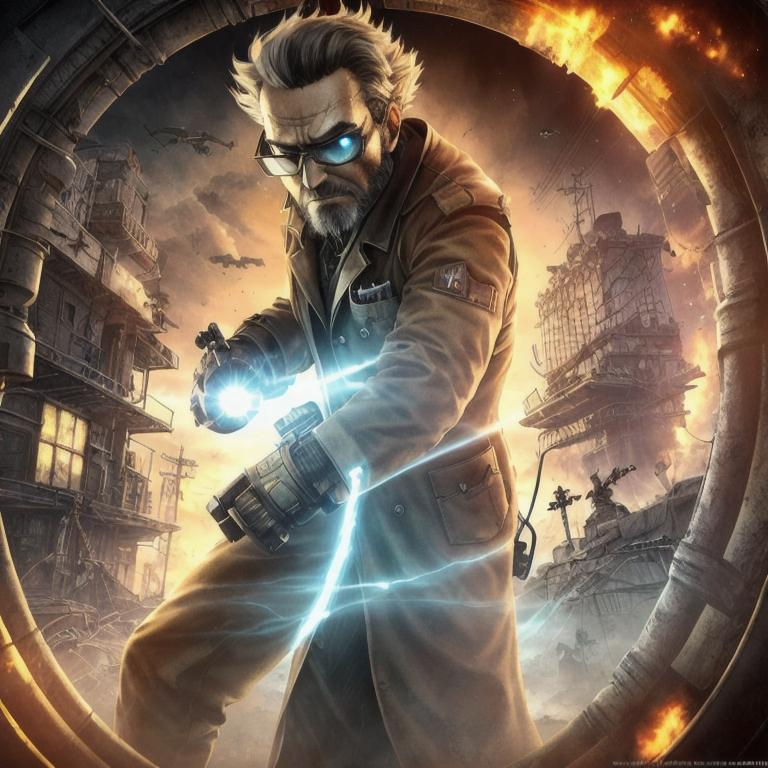 Prompt: {center shot} 3D, HD, Fallout, Sinister, Epic, Scary!!!!({Middle-aged}Male as Mad Scientist) {facing camera}, bald-headed, Expansive Post-Apocalyptic Town background, ultra-detailed, backlit, shadows, ultra-sharp focus, detail, ominous, symmetrical, golden ratio, intricate, cinematic character render, unreal engine 5, 64K --s98500