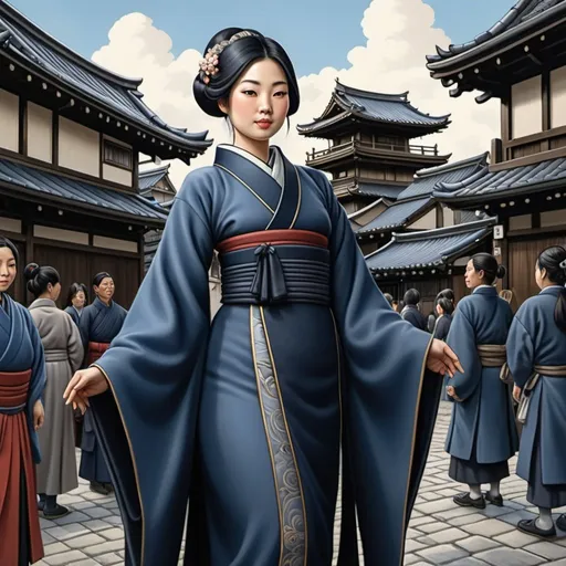 Prompt: Beautiful Japanese courtier woman, thicc, standing in medieval japanse city full of people, navy blue with dark grey trim clothing, cartoony style, extremely detailed painting by Drew Baker and by Steve Argyle and by Mario Wibisono