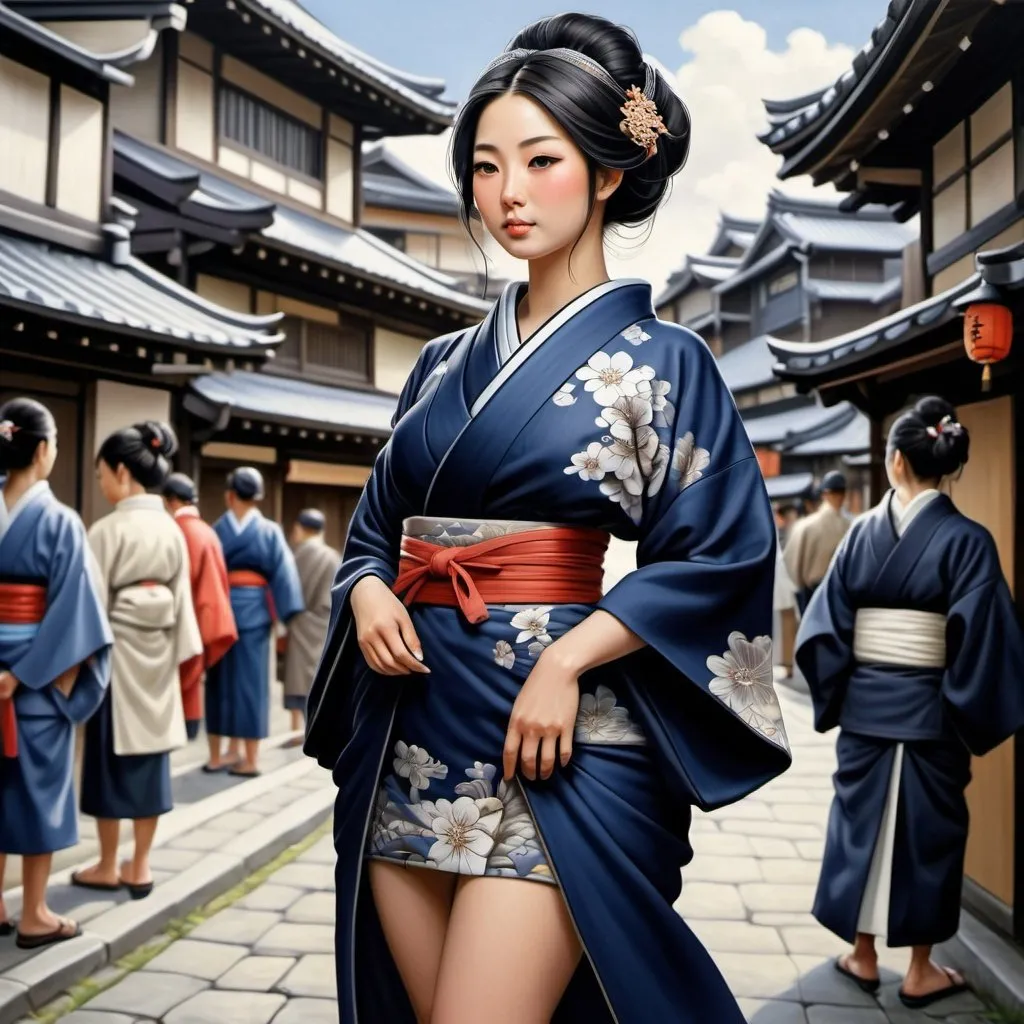 Prompt: Beautiful Japanese courtier woman, thicc, knee length kimono, standing in medieval japanse city full of people, navy blue with dark grey trim clothing, extremely detailed painting by Drew Baker and by Steve Argyle and by Mario Wibisono