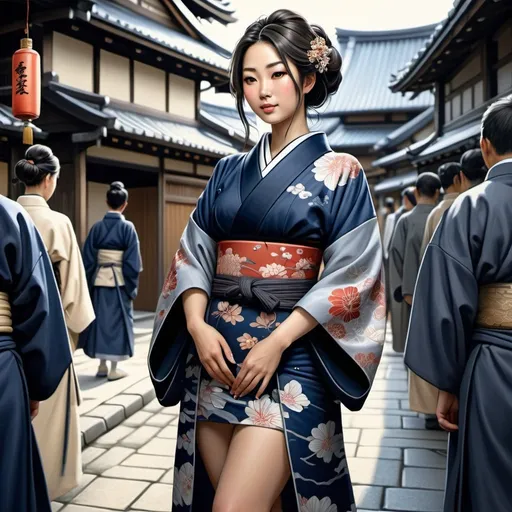Prompt: Beautiful Japanese courtier woman, thicc, knee-length kimono, standing in medieval japanse city full of people, navy blue with dark grey trim clothing, extremely detailed painting by Drew Baker and by Steve Argyle and by Mario Wibisono