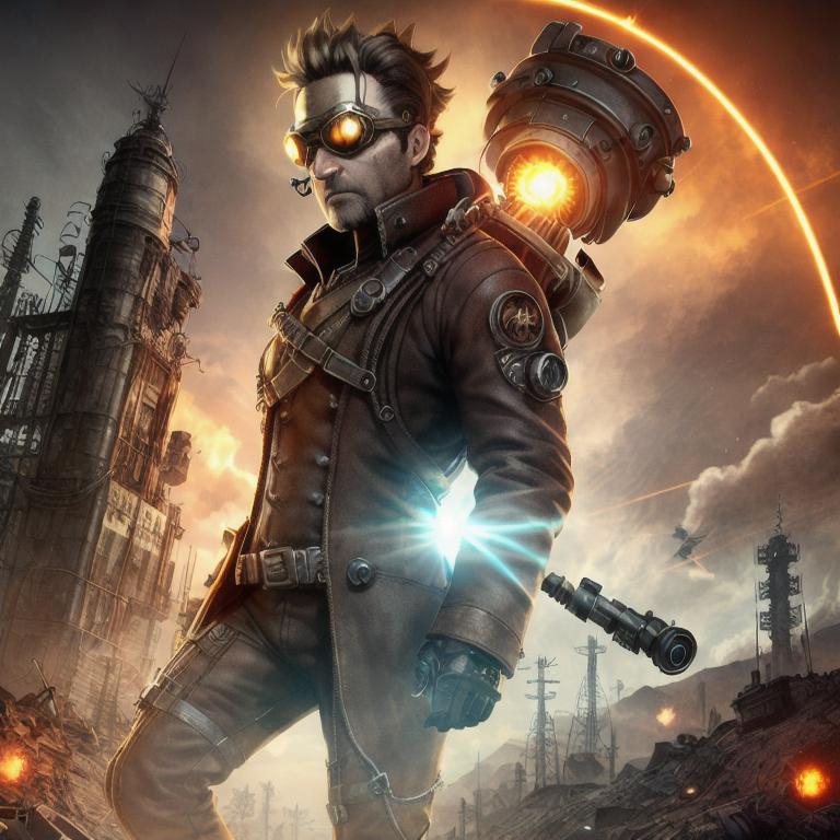 Prompt: {center shot} 3D, HD, Fallout, Sinister, Epic, Scary!!!!({Middle-aged}{bald}{steampunk goggles}Male as Mad Scientist) {facing camera}, Expansive Post-Apocalyptic Town background, ultra-detailed, backlit, shadows, ultra-sharp focus, detail, ominous, symmetrical, golden ratio, intricate, cinematic character render, unreal engine 5, 64K --s98500