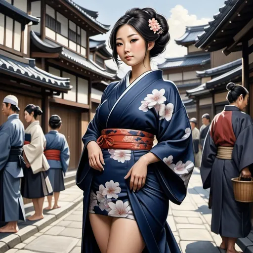 Prompt: Beautiful Japanese courtier woman, thicc, knee length kimono, standing in medieval japanse city full of people, navy blue with dark grey trim clothing, extremely detailed painting by Drew Baker and by Steve Argyle and by Mario Wibisono