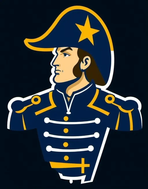 Prompt: (vector flat logo of a stylized cartoon Oliver Hazard Perry mascot), simple lines, (cartoon illustration), vibrant colors, midnight blue and golden yellow, midnight blue backdrop, playful tone, crisp design, eye-catching design element, suitable for branding, modern aesthetic, high-quality illustration, appealing visual style.