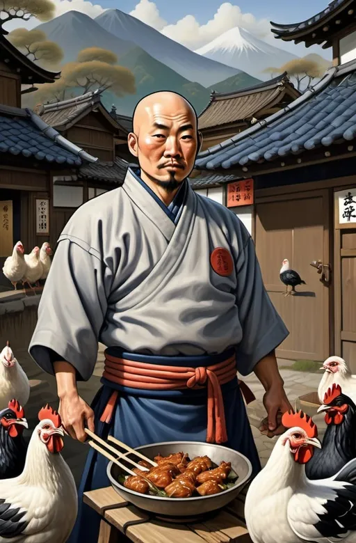 Prompt: Japanese warrior cook man, rotund, bald, standing in a medieval Japanese village full of people, navy blue with dark grey trim clothing, surrounded by a small flock of chickens of various types, General Tso, extremely detailed painting by Drew Baker and by Steve Argyle and by Mario Wibisono