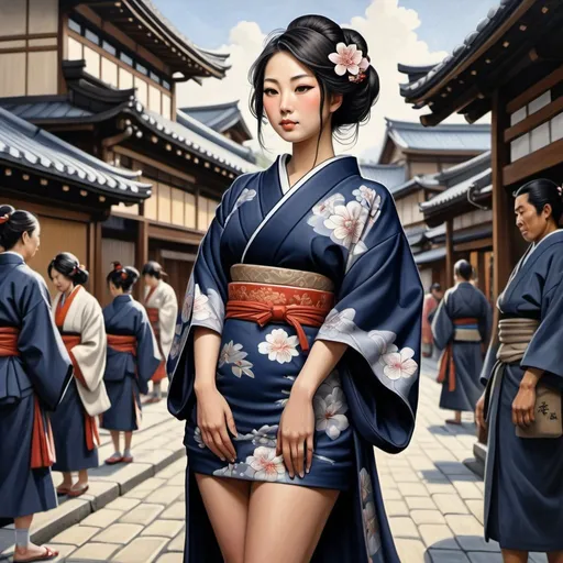 Prompt: Beautiful Japanese courtier woman, thicc, knee length kimono, standing in medieval japanse city full of people, navy blue with dark grey trim clothing, extremely detailed painting by Drew Baker and by Steve Argyle and by Mario Wibisono