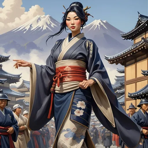 Prompt: Beautiful Kris Statlander dressed as a Japanese warrior woman courtier, standing in medieval japanse city full of people, cartoony style, dark grey and navy blue clothing, extremely detailed painting by Greg Rutkowski and by Henry Justice Ford and by Steve Henderson