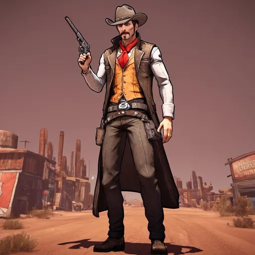 Prompt: Create an image of a male character in the Borderlands art style from the waist up embodying a wild-west styled gunslinger who has also been trained as a doctor. He has short brown hair, brown eyes and an exaggerated brown handlebar moustache. His facial expression conveys cool confidence that borders on flamboyant arrogance. He wears a dark brown cowboy hat, long black lab coat overtop a gray suit vest, white button-down shirt, and a red tie. He has a pistol holstered on his right hip. He also wears a medical bag over his right shoulder drapped across his body and down to his left hip. His outfit reflects an educated background and a mix of formality and durability, and he carries himself with an air of flamboyant superiority. His face is damp with sweat. The art style should feature bold outlines, cell-shading, and the vibrant, comic-inspired look typical of Borderlands. No words.