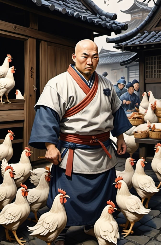 Prompt: Japanese warrior cook man, rotund, bald, standing in medieval japanse city full of people, navy blue with dark grey trim clothing, surrounded by a flock of chickens of various types, extremely detailed painting by Drew Baker and by Steve Argyle and by Mario Wibisono