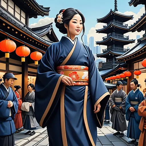 Prompt: Beautiful Japanese courtier woman, thicc, standing in medieval Japanese city, navy blue with dark grey trim clothing, cartoony style, extremely detailed, painting by Drew Baker, Steve Argyle, Mario Wibisono, crowded city setting, detailed traditional architecture, vibrant colors, bustling crowd, cartoony, highly detailed, colorful, cityscape, detailed clothing, traditional style, professional, vibrant lighting