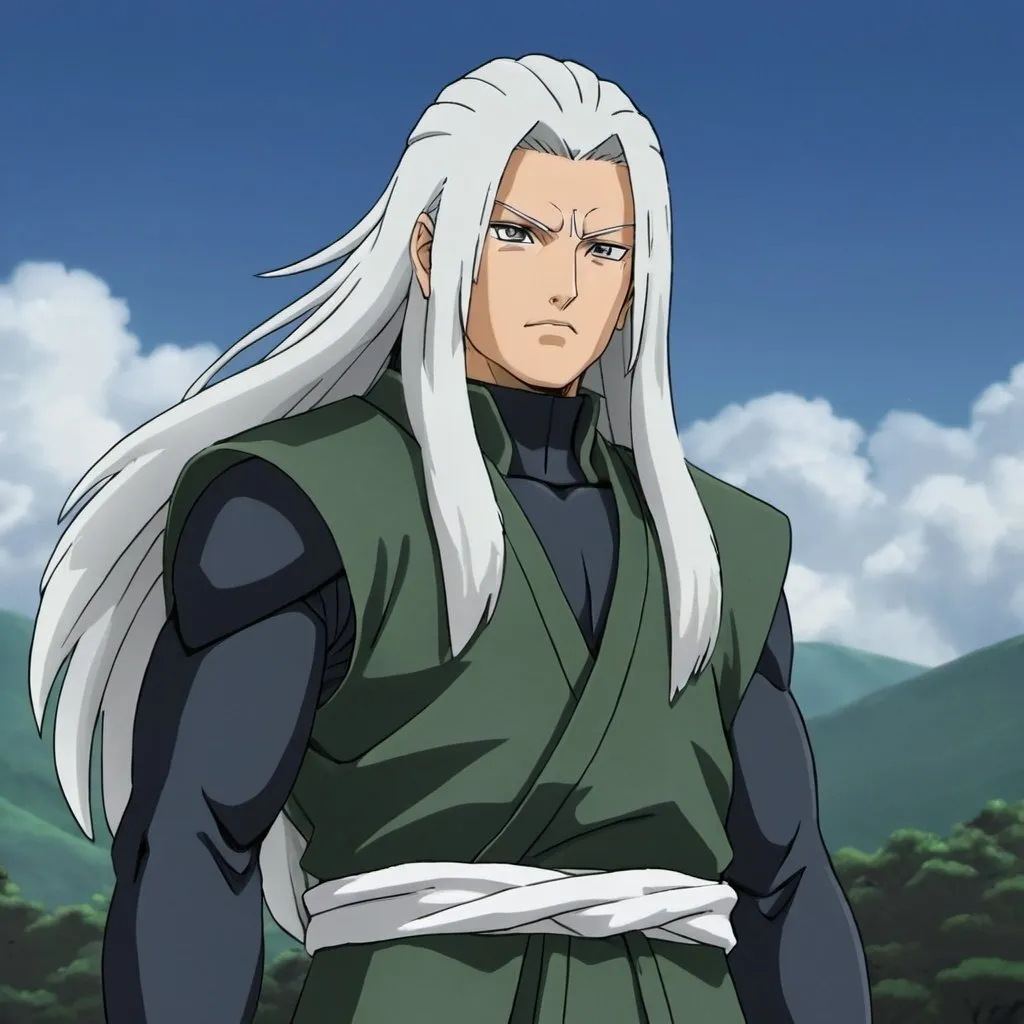 Prompt: Senju hashirama white hair, sage mode wearing dark green armor
