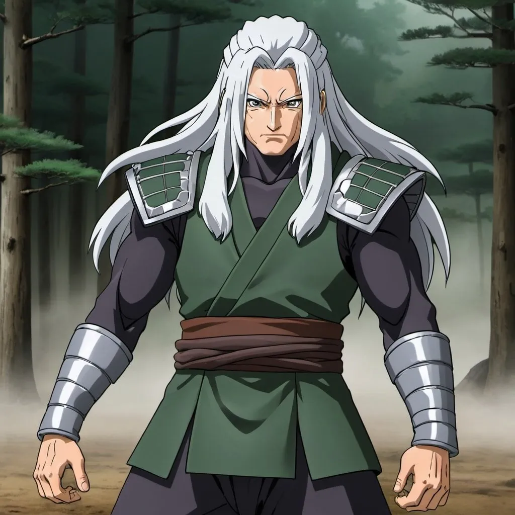 Prompt: Senju hashirama white hair, sage mode wearing dark green battle armor and ready for battle while standing casting woodstyle

