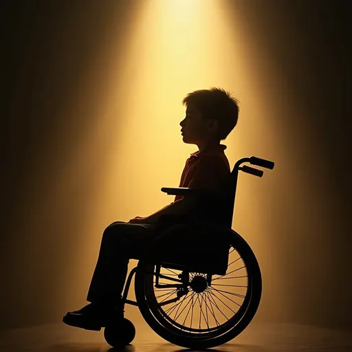 Prompt: Silhouette of 8 year old boy in wheelchair thinking of a bright light