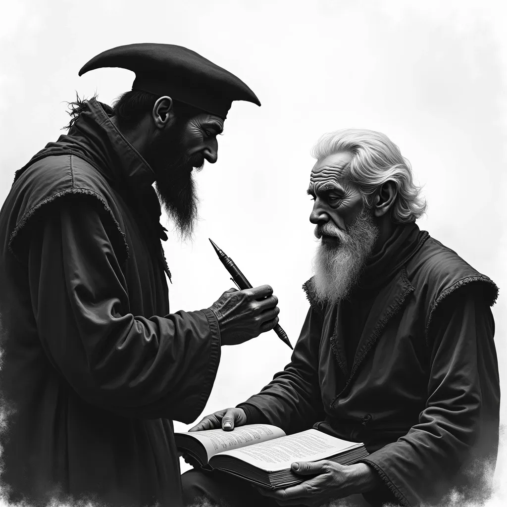 Prompt: High detail Black and white sketch silhouette of sinister man giving a book and medieval pen to old man