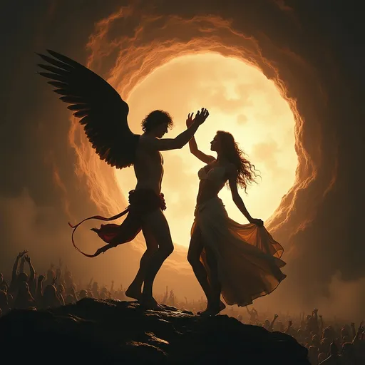 Prompt: Silhouette of God hades dancing with aphrodite. Behind them is enormous black hole full of screaming prisoners
