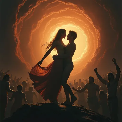 Prompt: Silhouette of God hades dancing with aphrodite. Behind them is enormous black hole full of screaming prisoners
