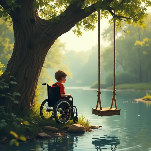 Prompt: 8 year old boy in wheelchair next to a rope swing tied to a very tall tree branch. by a creek