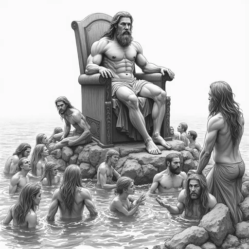 Prompt: Black and white sketch art of poseidon sitting on throne overlooking many mer-people from the sea