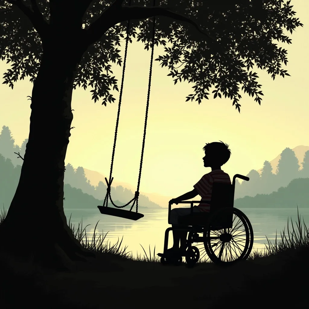 Prompt: Silhouette of year old boy in wheelchair facing a rope swing tied to a tall tree by a creek