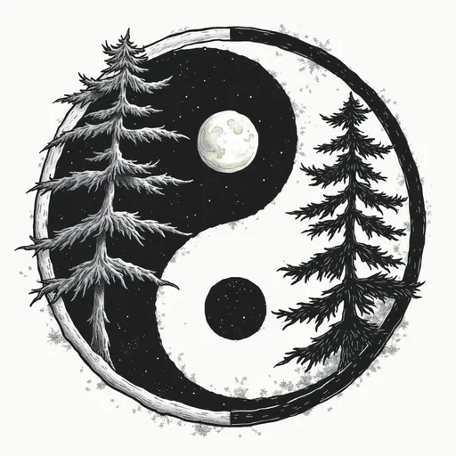 Prompt: Ying Yang symbol outlined by trees.