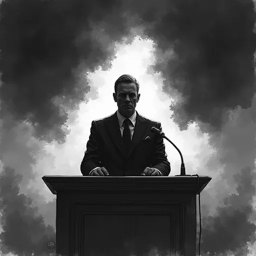 Prompt: High detail Black and white sketch silhouette sinister plaintiff behind podium in a thick black cloud