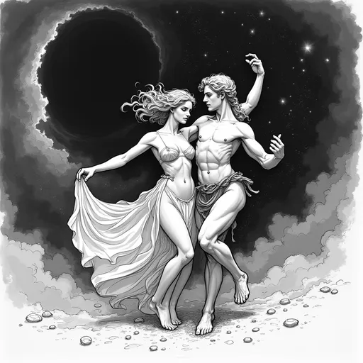 Prompt: Black and white sketch of Hades dancing with aphrodite in outer space. Behind them is a black hole