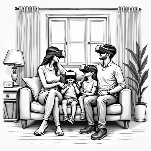 Prompt: High detail Black and white sketch of Family of 4 in living room wearing virtual reality headsets