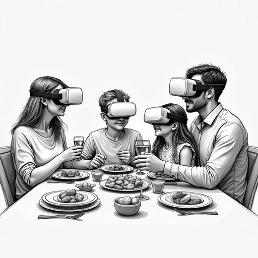 Prompt: High detail Black and white sketch 
of Family of 4 sitting at dinner table 
with virtual reality headsets on 
