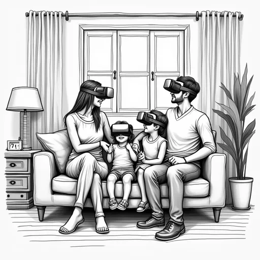 Prompt: High detail Black and white sketch of Family of 4 in living room wearing virtual reality headsets