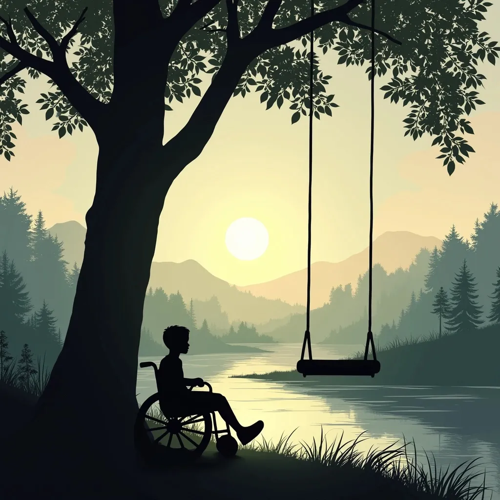 Prompt: Silhouette of 8 year old boy in wheelchair next to a rope swing tied to a tall tree by a creek