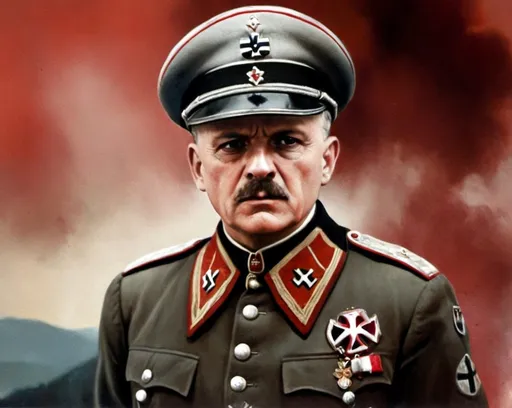 Prompt: Oil painting of a nazi general wearing an iron cross, blitzkrieg in the background, red smoke in the background, fantasy style