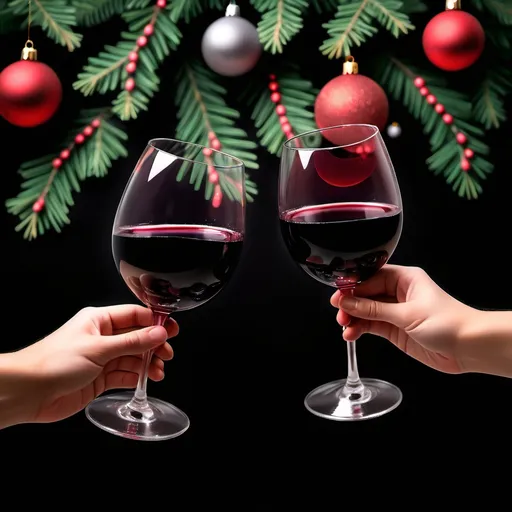 Prompt: back ground tree christmas cheers red wine christmas with two hand