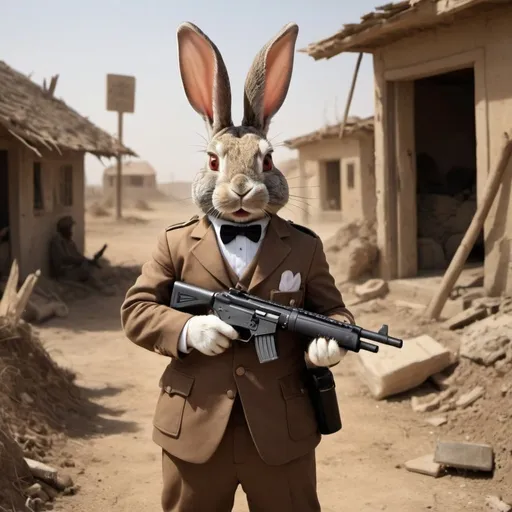 Prompt: rabbit with gun in a backroun of a war agents rabits and numbates fiteing for land

