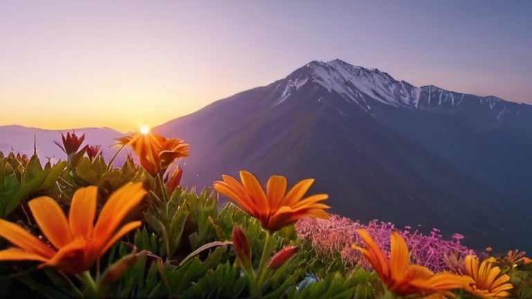 Prompt: Flower with the sunrise mountain 