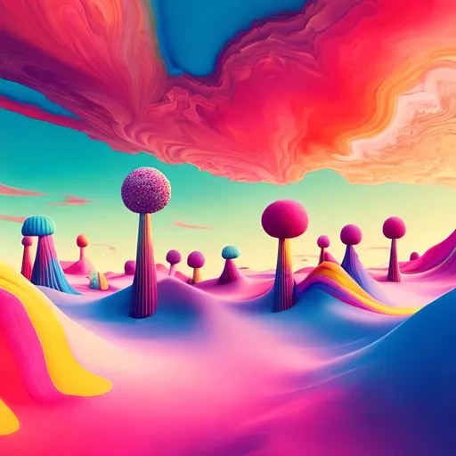 Prompt: Candy desert landscape, vibrant and colorful, high quality, 4k, ultra-detailed, surreal, candy art, fantasy, sweet treats, candy mountains, sugar dunes, vibrant colors, whimsical, sugary sky, lollipop trees, marshmallow clouds, bright and warm lighting