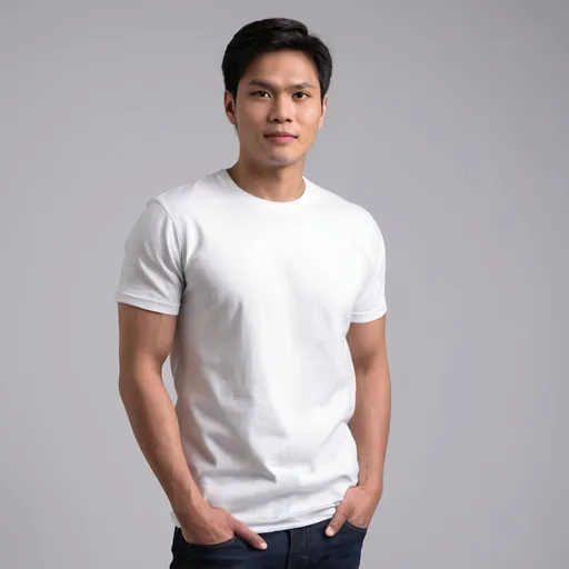 Prompt: A good-looking Filipino model standing, wearing a plain white crewneck cotton t-shirt in a studio setting. Show whole upper body.