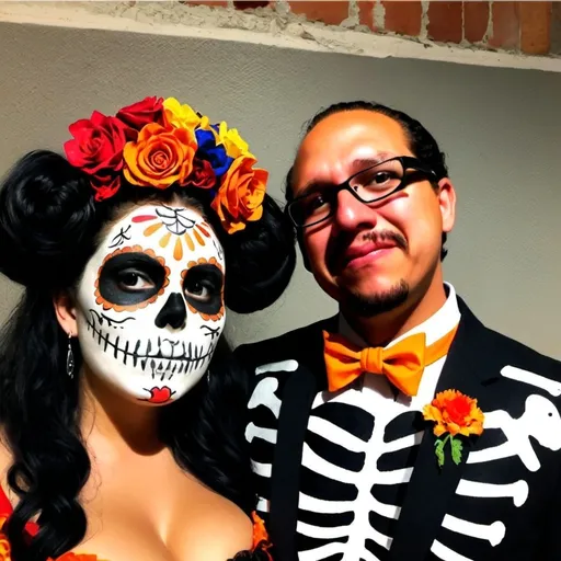 Prompt: Take the face reference couple and make them into a dia de Los muertos skeleton costume costumes and painted faces in loving embrace. Make the woman curvy plus size